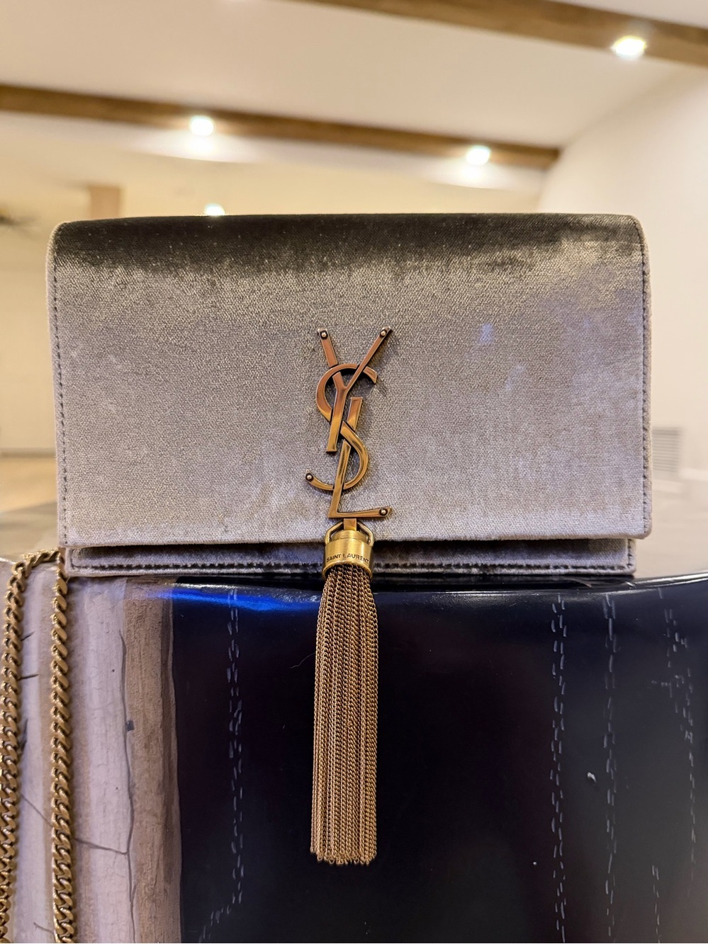 Yves Saint Laurent Olive Green Velvet Tassel Wallet on a Chain